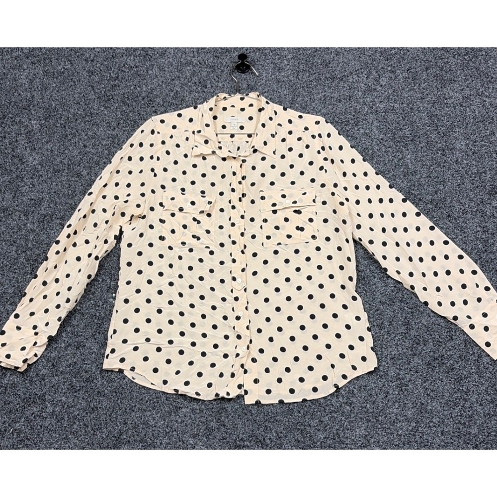 J.Crew Shirt Womens 12 Cream Polka Dot 11352 Silk Button Down Blouse Office Chic